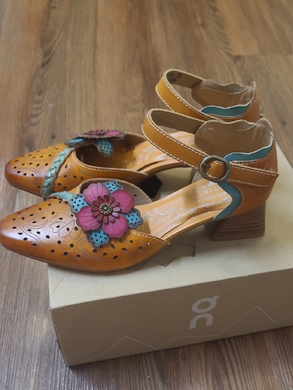 L'ATISTE Tan Leather Ankle-Strap Heels with Pink and Teal Floral Accents - Picture 5 of 14